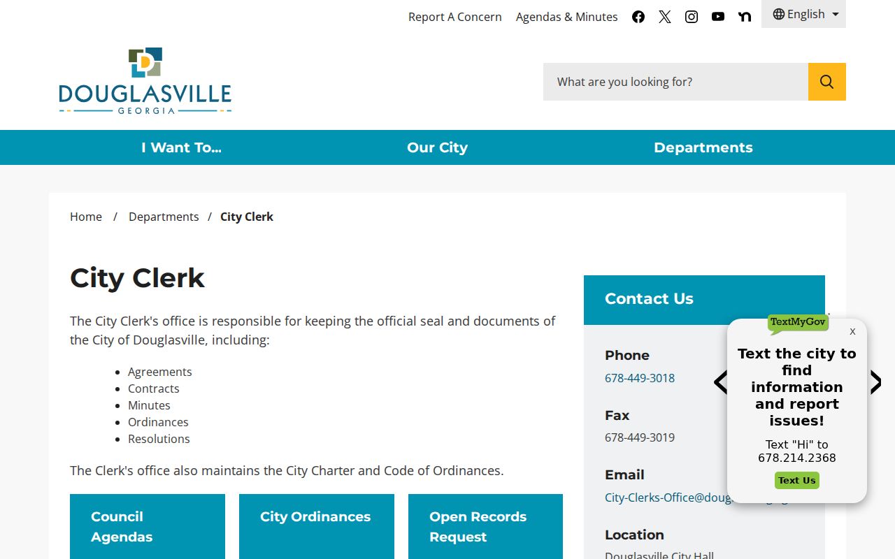 Douglasville City Clerk page for city records about a neighborhood block
