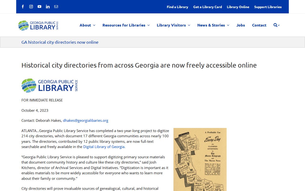 Georgia library announcement for digitized historical city directories