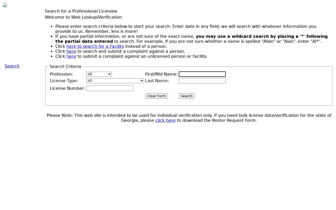 Georgia professional license verification page for a Douglasville name